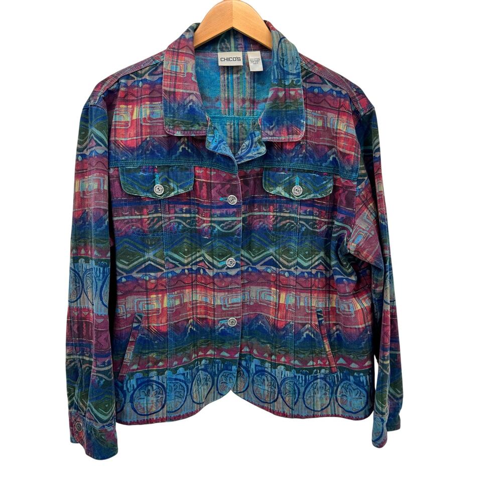 Chico's‎ Jacket Womens XL Coastal Cotton Art to Wear Button Up + Pockets Boho